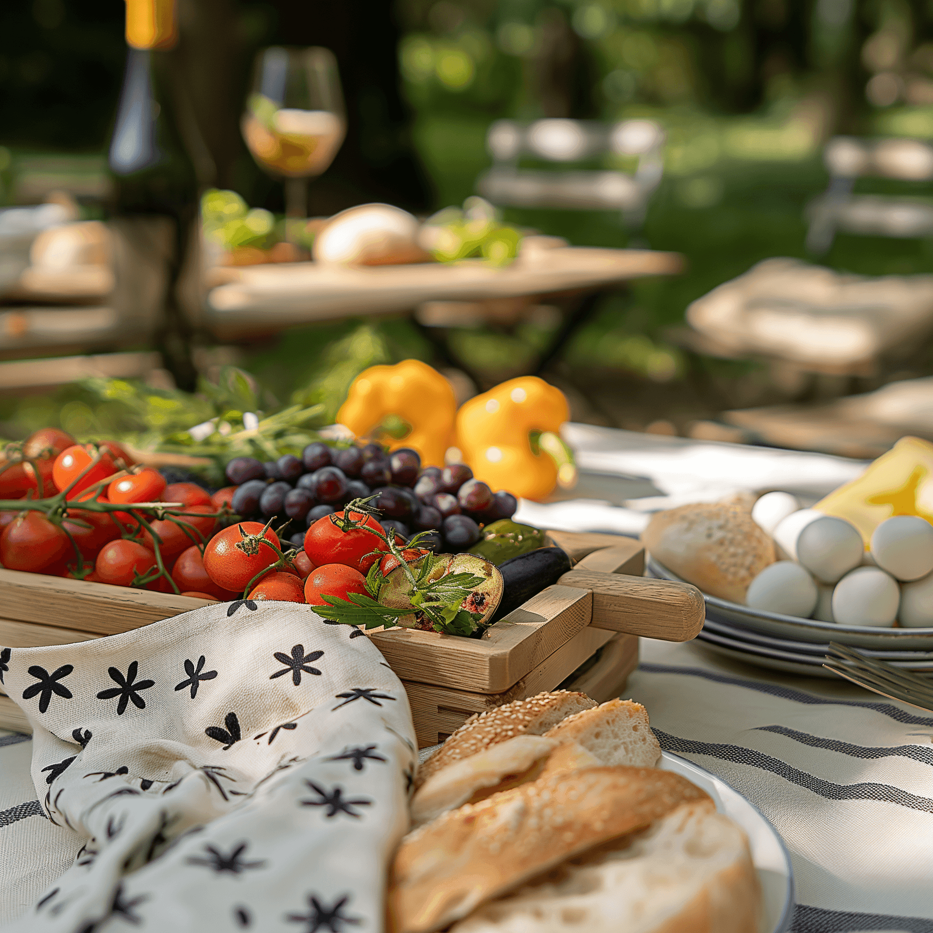 picnic charcuterie board, tomatoes, cheese and grape. crudite, bohemian decor